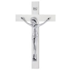 Cruce Lemn Alb si Crucifix Argint 23cm Mat Patinat