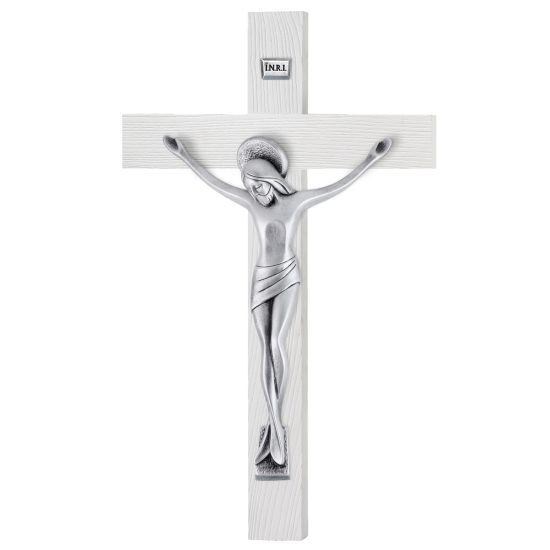 Cruce Lemn Alb si Crucifix Argint 31cm Mat Patinat